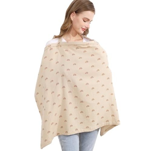 Muslin Nursing Cover for Baby Breastfeeding, Breathable 100% Cotton Breastfeeding Cover with Rigid Hoop for Mother Nursing Apron (Ivory Rainbow)