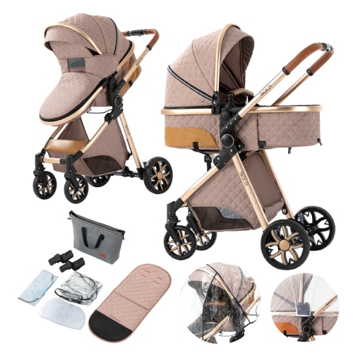 Magiczc 2-in-1 Baby Stroller Travel Systems with Reversible Bassinet for 0-36 months, Lightweight,Folding Pushchair,Khaki