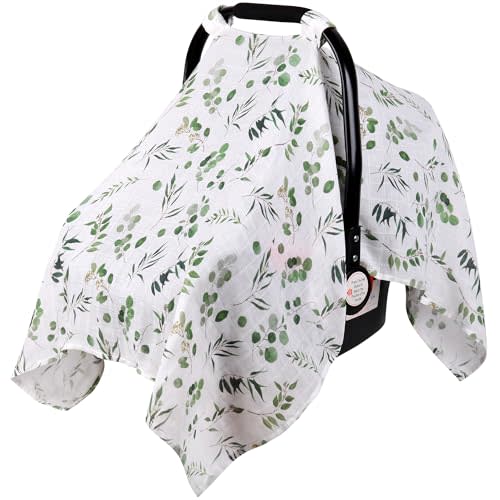 Rquite Car Seat Cover Baby, Carseat Covers Baby for Girl Boy, Muslin Cotton Infant Car Seat Cover, Lightweight Car Seat Canopy, Breathable Baby Carrier Cover, Summer Stroller Sun Shade, Leaf
