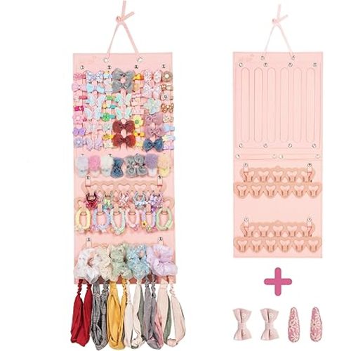 Hanging Bow Organizer for Girls – 1 Pack Hair Bow Holder for Wall with 4 hairclips, Headband and Clip Storage – Hair Accessories Display – Nursery Decor for Baby, Toddler, Kids Room (Pink)