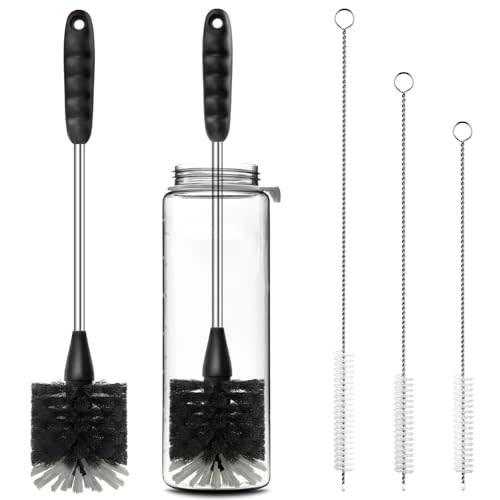Holikme Bottle Brush Cleaner Set, 14" Long Handle Stainless Steel Bottle Cleaner Brush, 3 Straw Cleaner Brush, Bottle Cleaning Brush for Water Bottle, Cups, Abrasive Wheel Brushes, Straws Black