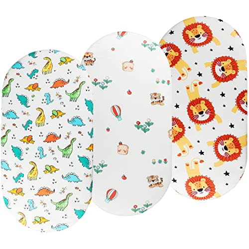 Bassinet Sheets Set 3 Pack for Baby Boy, Stretchy Soft Jersey Knitted Fitted Sheet Universal for Oval Rectangle and Hourglass Bassinet Mattress, Dinosaur, Tiger and Lion Printing