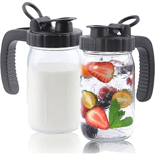 Mason Jar Pitcher With Pour Spout Lids 32 Oz Breast Milk Pitcher Wide Mouth 1 Quart Airtight & Leakproof Glass Jug With Handle And Flip Cap Lid For Fridge, Iced Tea, Coffee, Lemonade, Juice, 2 Set