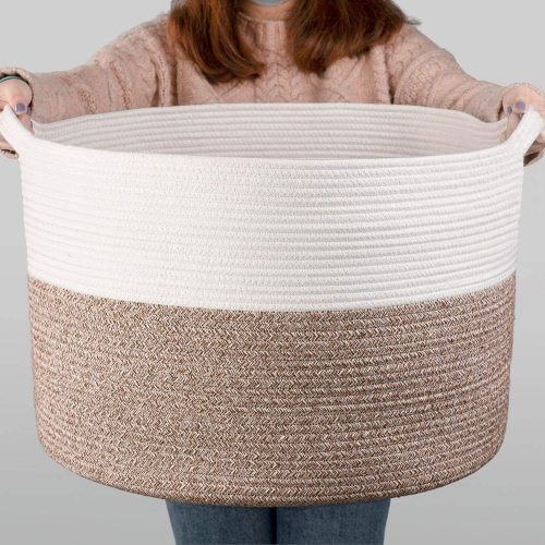 A*Homeist Extra Large Cotton Rope Basket 21.7"x 13.8" Blanket Basket Woven Baby Laundry Baskets Toys Storage Basket with Handle - White & Brown