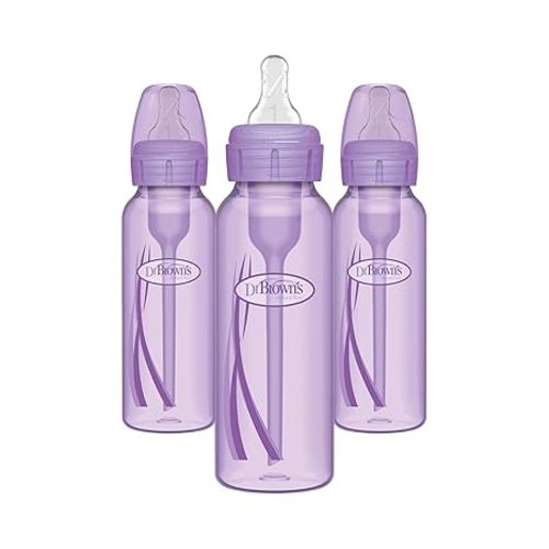 Dr. Brown’s Anti-Colic Options+ Narrow Baby Bottles, 0m+ Level 1 Nipple - Baby Bottle to Reduce Colic (3 Pack), Purple 8 oz