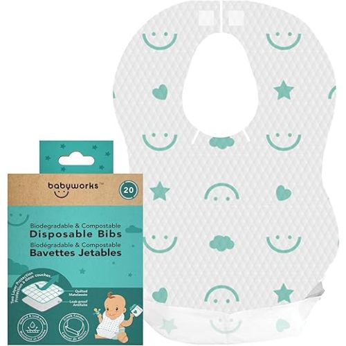 Baby Works Disposable Bibs with Crumb Catcher, 20 Count - Biodegradable and Compostable Baby Bibs - Quilted and Leak-Proof