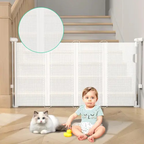 Retractable Baby Gates with Reinforced Strips, 33”*55” One-Side Operation Mesh Baby/Dog/Pet/Cat Gate, Child Safety Retracable Gate with 2 Avoid Skirting Board for Doorways Indoor/Outdoor,White