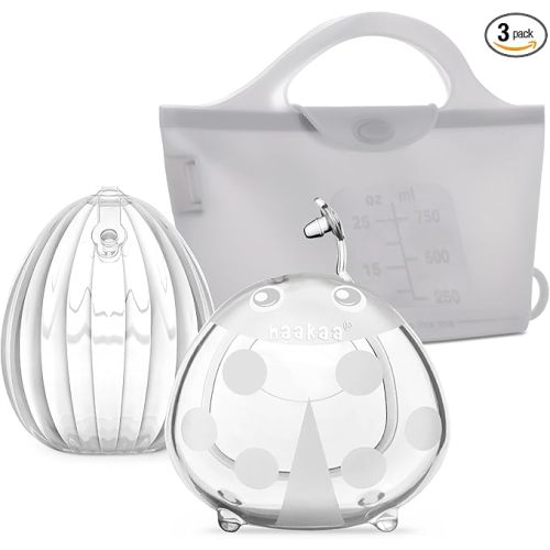 haakaa Milk Collector Set - 75ml Shell Pump, 75ml Milk Collector & 750ml Steriliser Bag - Hands-Free Wearable Breast Pump, Passive Silicone Milk Catcher for Breastfeeding Mom