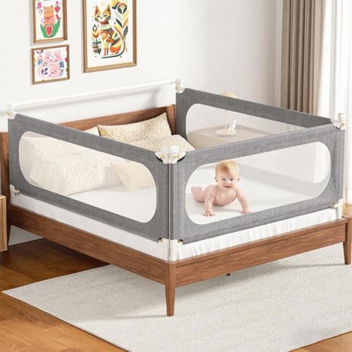 PNXDFC 3-Piece King Size Bed Rails for Toddlers, with Headboard Rod -Height Adjustable Baby' Safety Bed Rails Guard for King Size Bed(3Pack 78.7"x78.7"x74.8"-Gray)