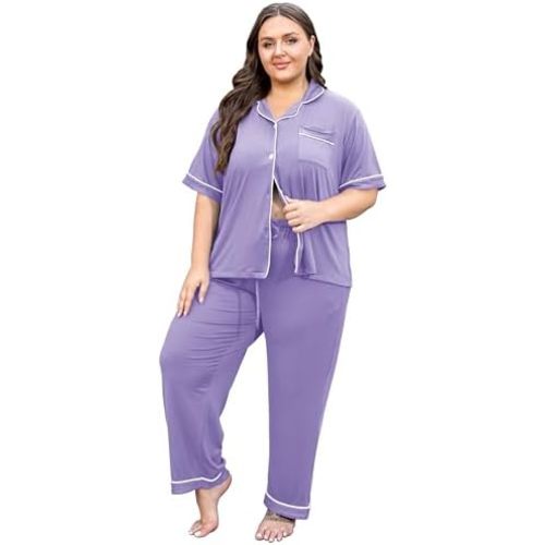 Vozanet Women's Plus Size Pajamas Button Down Shirt and Pants Soft Lounge Sets Bride Nighty Bottom with Pockets 1x to 5x
