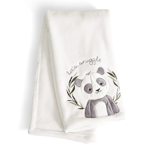 Levtex Baby - Mozambique Plush Blanket - Appliqued and Embroidered Panda on Cream Plush - Cream, Grey and Green - Nursery Accessories - Blanket Size: 30 x 40 in.