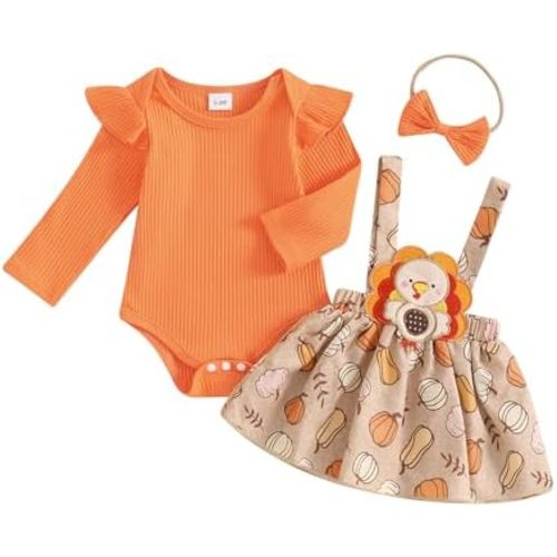 Newborn Baby Girl Outfit Long Sleeve Ribbed Romper + Bow Suspender Skirt + Headband Set Infant Fall Winter Clothes