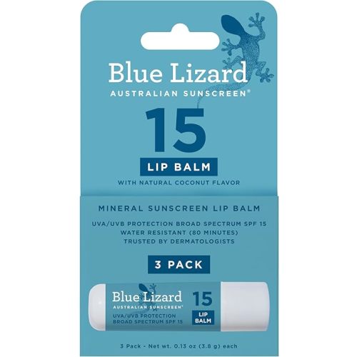 BLUE LIZARD Mineral SPF 15 Lip Balm, 3-Pack: Broad Spectrum Sun Protection, Natural Coconut Flavor, 8 Natural Oils, Infused with Australian Kakadu Plum, Rich in Vitamin C, Vegan, Each Tube 0.13 oz.