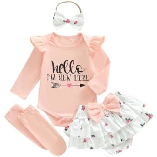 Newborn Baby Girl Clothes Hello I'm New Here Romper Ruffle Skirt Tutu Dress Set Cute Infant Coming Home Outfits