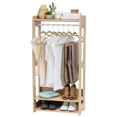 IRIS USA Small Open Wood Clothing Rack for Small Spaces, Clothes Rack with Shelves, Garment rack with Side Hook, Light Brown