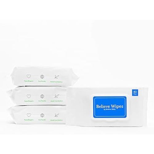 Believe Baby Wipes - premium bamboo wet wipes, hypoallergenic, chemical-free, unscented – 80pc x 4 packs (320ct)
