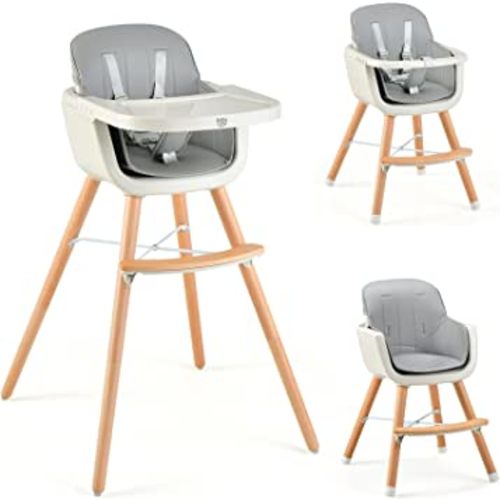 BABY JOY Convertible Baby High Chair, 3-in-1 Wooden High Chair/Booster/Chair with Removable Tray, Adjustable Legs, 5-Point Harness, PU Cushion and Footrest for Baby, Infants, Toddlers (Gray) : Amazon.com.au: Baby