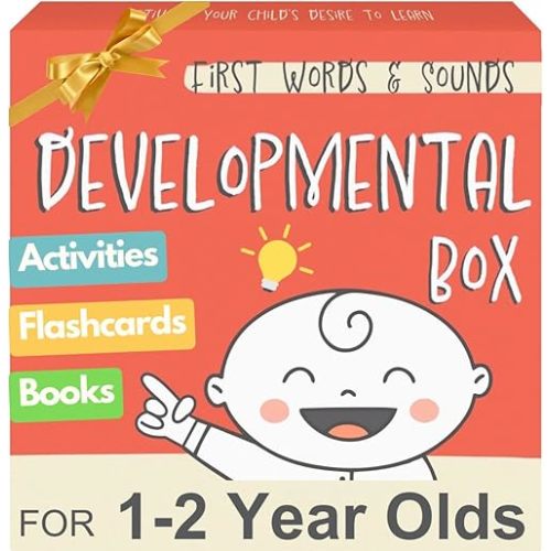 Pidoko Kids Developmental Baby Box - One Year Old Boy Birthday Gift - First Words, Sounds, Talk & Scribble for 1 + Boys Girls - Toddler Learning Activities Toys - Educational Board Books & Flashcards