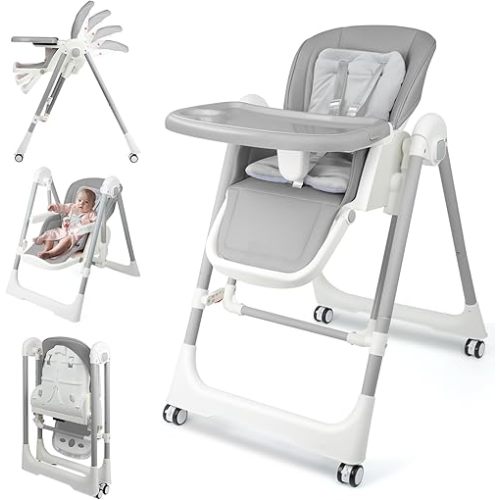 High Chairs for Babies and Toddlers Foldable High Chair Adjustable with Reclining Seat & Leg Rest, 3-in-1 Convertible Baby Swings with Tool-Free Assembly (Grey)