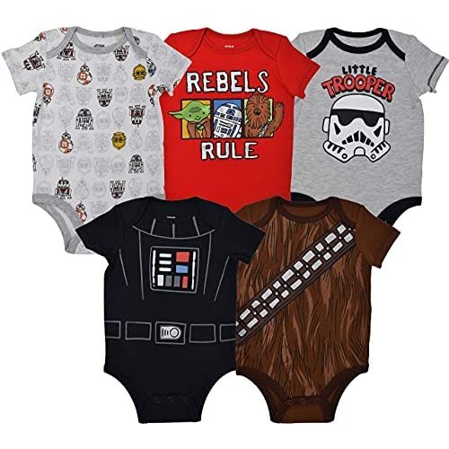 STAR WARS Chewbacca C-3PO R2-D2 Darth Vader Yoda 5 Pack Short Sleeve Bodysuits Newborn to Infant