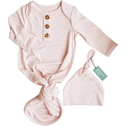 Caden Lane Newborn Knotted Gown with Hat, Soft Bamboo Viscose Baby Sleep Sack, Unisex Infant Nightgown, Breathable Sleepwear