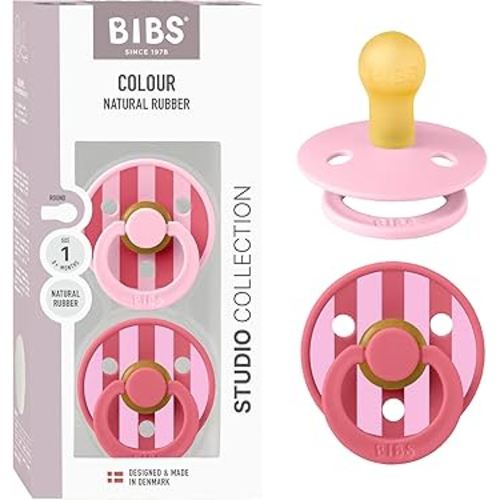 BIBS Pacifiers - Studio 2 Pack | Round Nipple Baby Pacifier | BPA Free Natural Rubber Latex Soother | Made in Denmark | Size 0+ Months | Block Baby Pink Coral