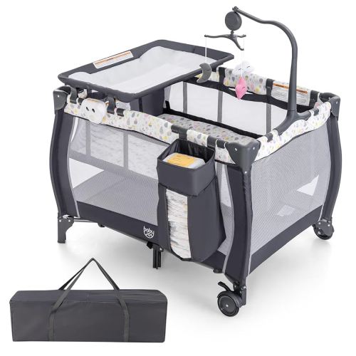 Costzon 3 in 1 Pack and Play with Bassinet, Portable Baby Playard with Changing Table, Bassinet, Music Box, Whirling Toys, Wheels/Brake, Large Basket, Bag (Grey + Water Drop)