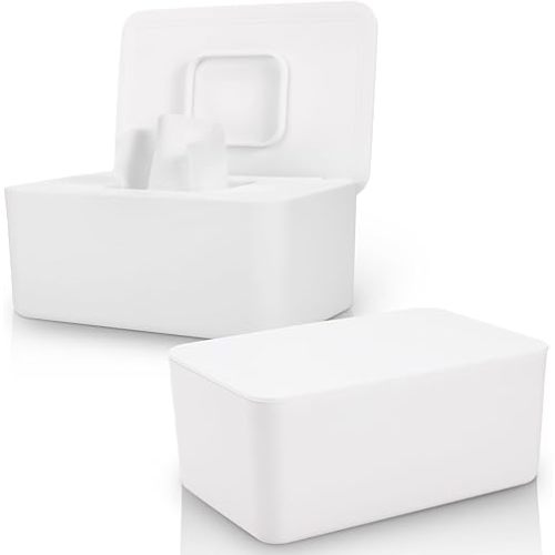 2 Pack LEQXGO Baby Wipes Dispenser, Wipes Dispenser Baby Wipes Case, Baby Wipe Holder for Fresh Wipes, Non-Slip Wipes Case, Wipe Container with Sealing Design Lid (White and White)