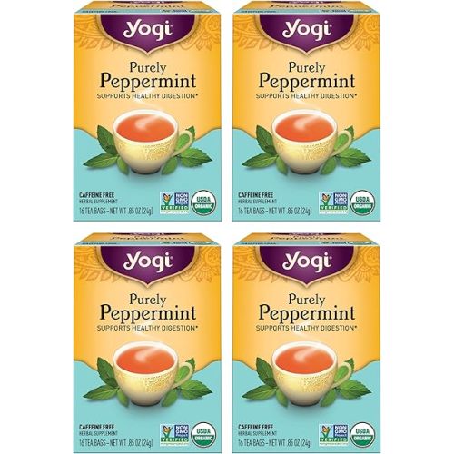 Yogi Tea Purely Peppermint Tea - 16 Tea Bags per Pack (4 Packs) - Caffeine-Free, Organic Peppermint Tea Bags - Offers Digestive Support - Made from Organic Peppermint Leaves
