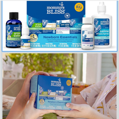 Mommy's Bliss 4-Piece Newborn and Baby Essentials Kit - With Gripe Water, Gas Relief Drops, Vitamin D 400IU, and Saline Drops/Spray - The Perfect Baby Gift.