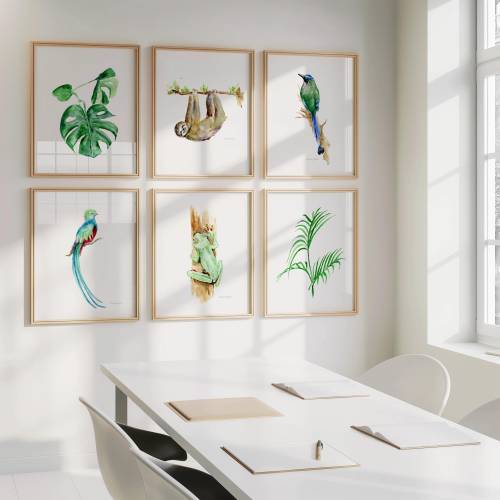 Jungle Art Print set of 6 Tropical Rainforest flora fauna Watercolor paintings green wall plants decoration animal sloth palm leaf monstera