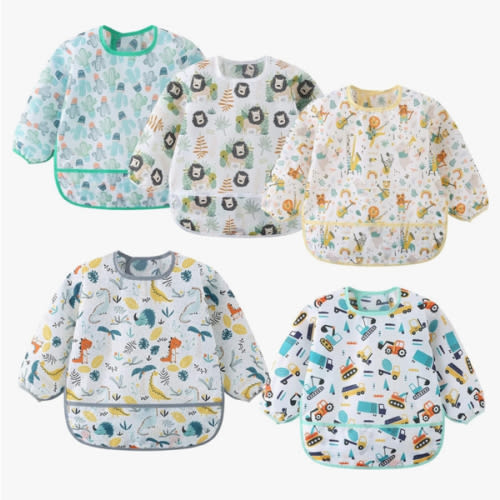 5 Pack Long Sleeve Bib,Baby Toddler Waterproof Sleeved Bib for 6-30 Months Reusable with Catch-all Pocket