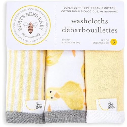 Burt's Bees Baby Infant Washcloths, 100% Organic Cotton, Soft and Super Absorbent Knit Terry Wash Cloth - 3 Pack Set