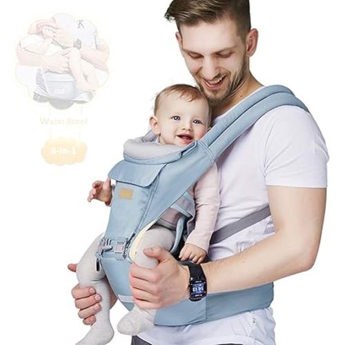 FRUITEAM 6-in-1 Baby Carrier with Waist Stool/Hip Seat for Breastfeeding, One Size Fits All - Adapt to Newborn, Infant & Toddler (Blue)