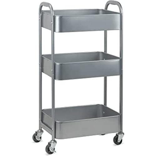3-Tier Kitchen Cart Multifunctional Rolling Utility Cart with Lockable Wheels,Storage Craft Art Cart Trolley Organizer Serving Cart Easy Assembly for Office, Bathroom, Kitchen, Classroom(silvery-grey)