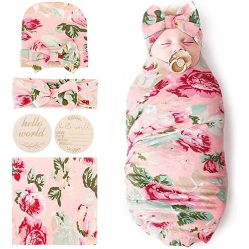 DRESHOW BQUBO - Manta floral para bebé recién nacida con sombrero de lazo, diadema de madera, juego de tarjetas de anuncio de nacimiento para recién nacido, saco de dormir, regalo cálido para la ducha
