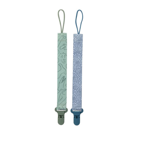 Nuby Pacifinder Baby Pacifier Clip - (2-Pack) - Pacifier Holder Clip with Convenient Hook Loop - Blue Dots and Green Dino