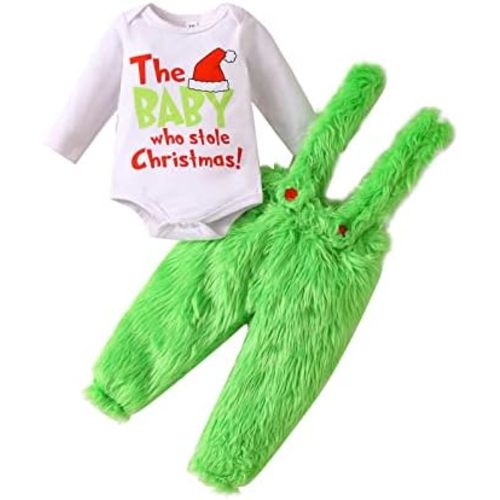GOOCHEER Infant Baby Girl Boy Christmas Outfits Letter Romper Jumpsuit Dress Green Furry Suspender Skirt Pants Overalls