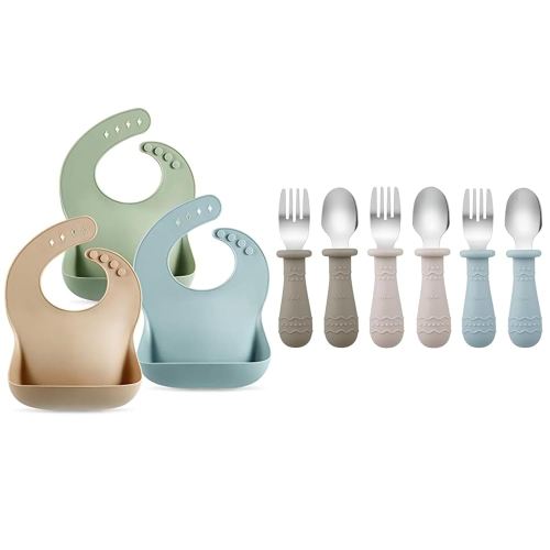 PandaEar Baby Bibs & Toddler Utensils (Light Tan/Walnut/Blue)