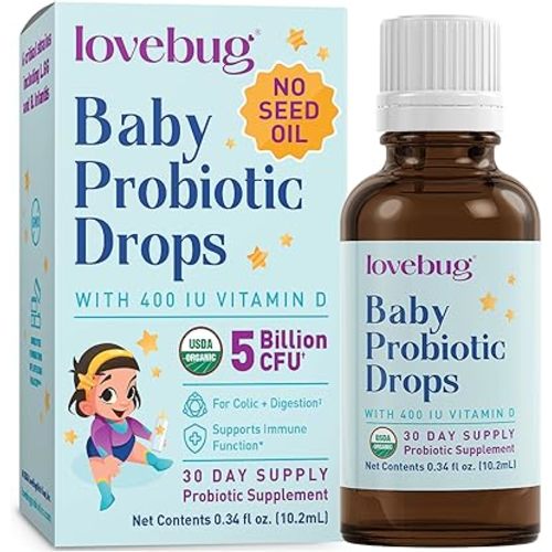 Lovebug Award Winning USDA Organic Probiotic for Infants & Babies | Helps with Colic, Reflux, Diarrhea, Constipation & Gas | Multi-Strain 5 Billion CFU | Liquid Drops | Ages 0-24 Months