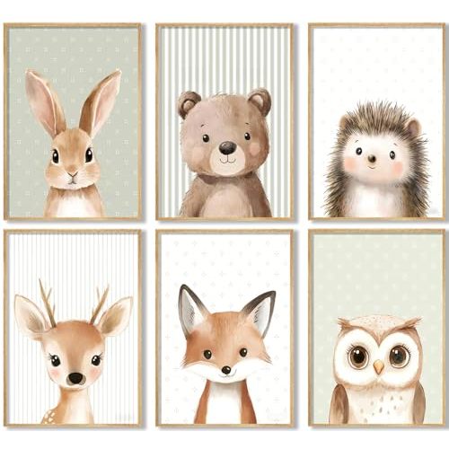 Woodland Animal Nursery wall art Jungle Animals Painting Picture Wall Decor Fox Bear Deer Forest Animal Poster Printing art work for Playroom Baby Room Kids Room Home Decoration Unframed