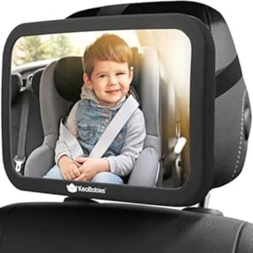 Safety Baby Car Seat Mirror - Wide Shatterproof Backseat Infant Car Mirror for Baby Rear Facing, Crystal Clear View, Travel Accessories, Easy Install & Adjustable for Removable Headrest (Matte Black)
