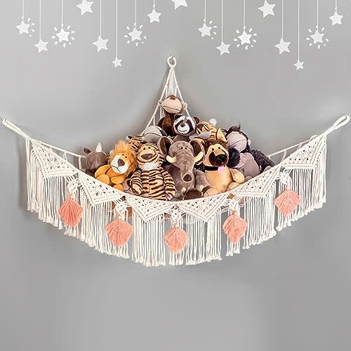 Kordory Stuffed Animal Net or Hammock Macrame Large Corner Netting Toy Storage with Boho Tassels, Handmade Hanging Net Toy Organizer for Nursery Kids Room Wall Decor