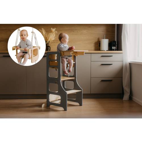 5-in-1 Montessori foldable wooden toddler tower converting to kids desk/chair high chair and swings, kids tower, transformable tower
