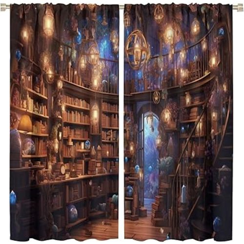 Bookshelf Blackout Curtains, Dream Books Library Bookcase Pattern Window Rod Pocket Thermal Insulated Curtain for Bedroom Living Room Home Office Home Decor Drapes 42x45in