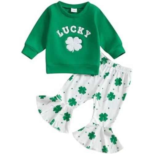 Toddler Baby Girl St Patricks Day Outfit Letter Clover Long Sleeve Sweatshirt Bell Bottom Pants Irish Clothes
