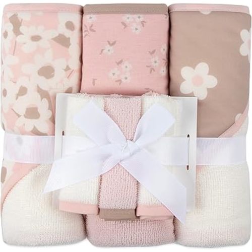 Jessica Simpson 6 Piece Printed Hooded Bath Towel and Washcloth Set for Infant, Newborns and Toddlers 3 – 24 Months for Bath Time, Showers, Lounge, Beach and Pool