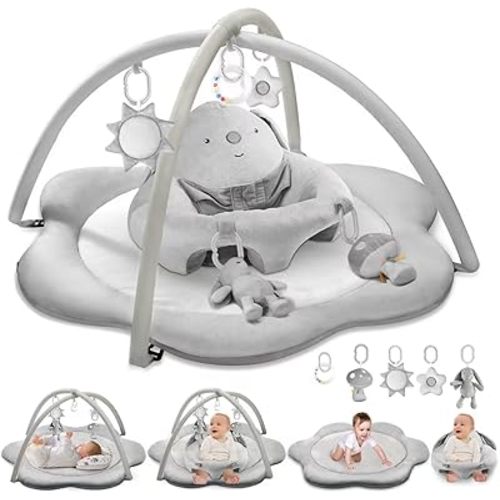 3-in-1 Baby Play Mat, Baby Seats for Infants for Sitting Up, Tummy Time Mat with 5 Detachable Toys, Baby Activity Gym & Playmats for Babies 0-6 6-12 Months, Newborn Baby Shower Gifts