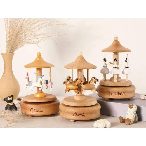 Musical Wooden Ballerina Carousel Keepsake,Engraved Name Music Box,Personalized Wooden Train Music Box,Baby Shower Gift,Newborn Gifts