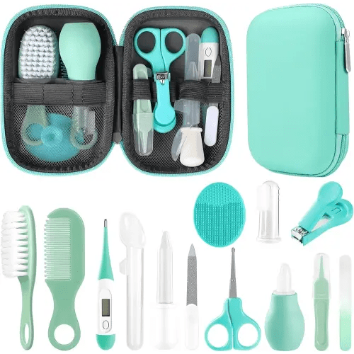 Baby Grooming Kit, Infant Safety Care Set with Hair Brush Comb Nail Clipper Nasal Aspirator,Baby Essentials Kit for Newborn Girls Boys (Green)